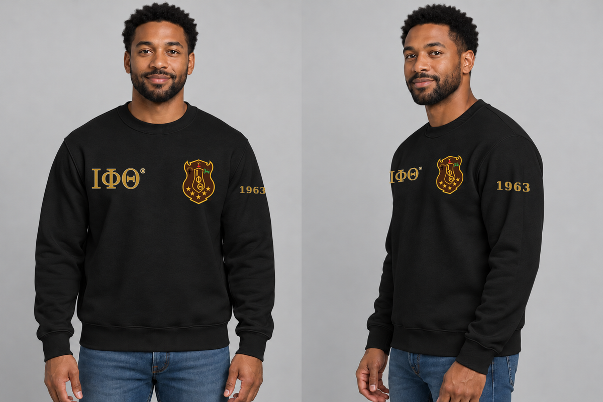Iota Phi Theta premium embroidered black solid crewneck sweatshirt on model - front and side
