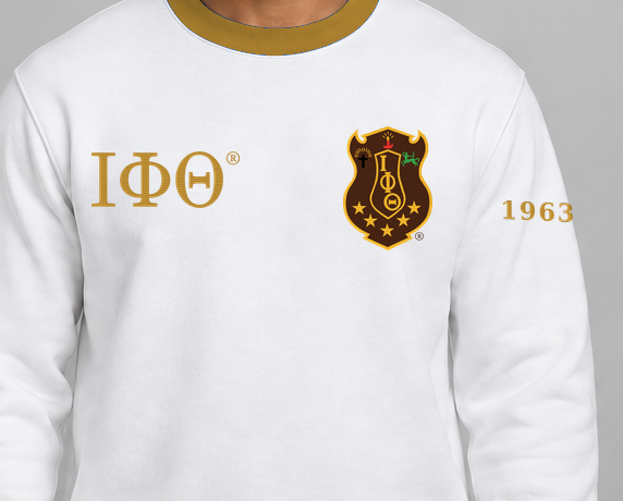 Iota Phi Theta premium embroidered white solid contrast trim crewneck sweatshirt on model - chest embroidery close-up