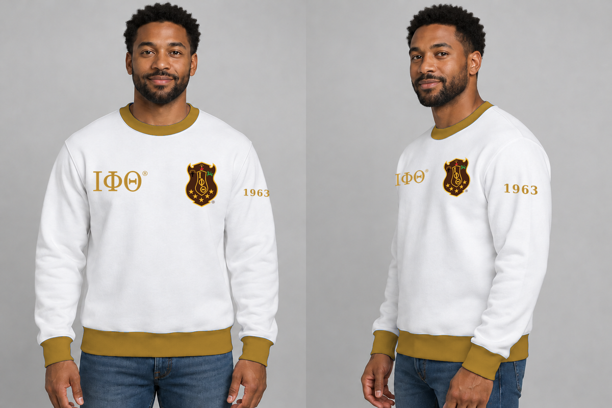 Iota Phi Theta premium embroidered white solid contrast trim crewneck sweatshirt on model - front and side