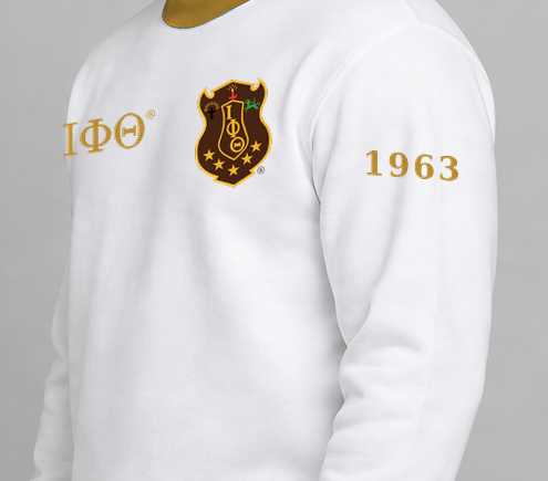 Iota Phi Theta premium embroidered white solid contrast trim crewneck sweatshirt on model - founding year sleeve detail