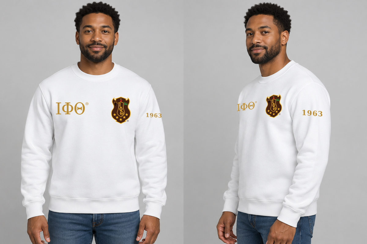 Iota Phi Theta premium embroidered white solid crewneck sweatshirt on model - front and side