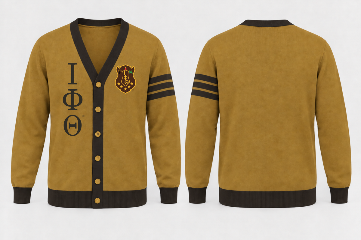 Officially licensed Iota Phi Theta gold and brown cardigan approved product image