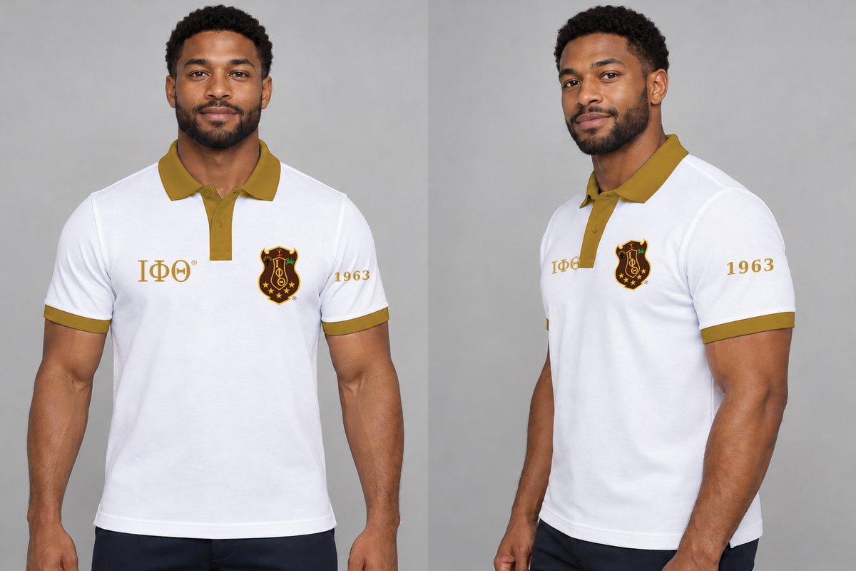 Iota Phi Theta premium embroidered white solid contrast trim polo on model - front and side