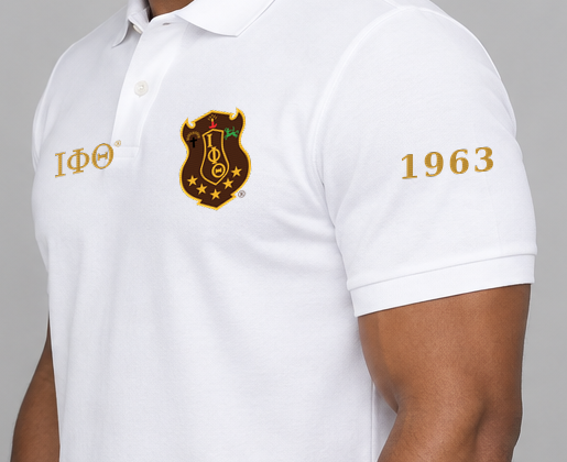 Iota Phi Theta premium embroidered white solid polo on model - founding year sleeve detail