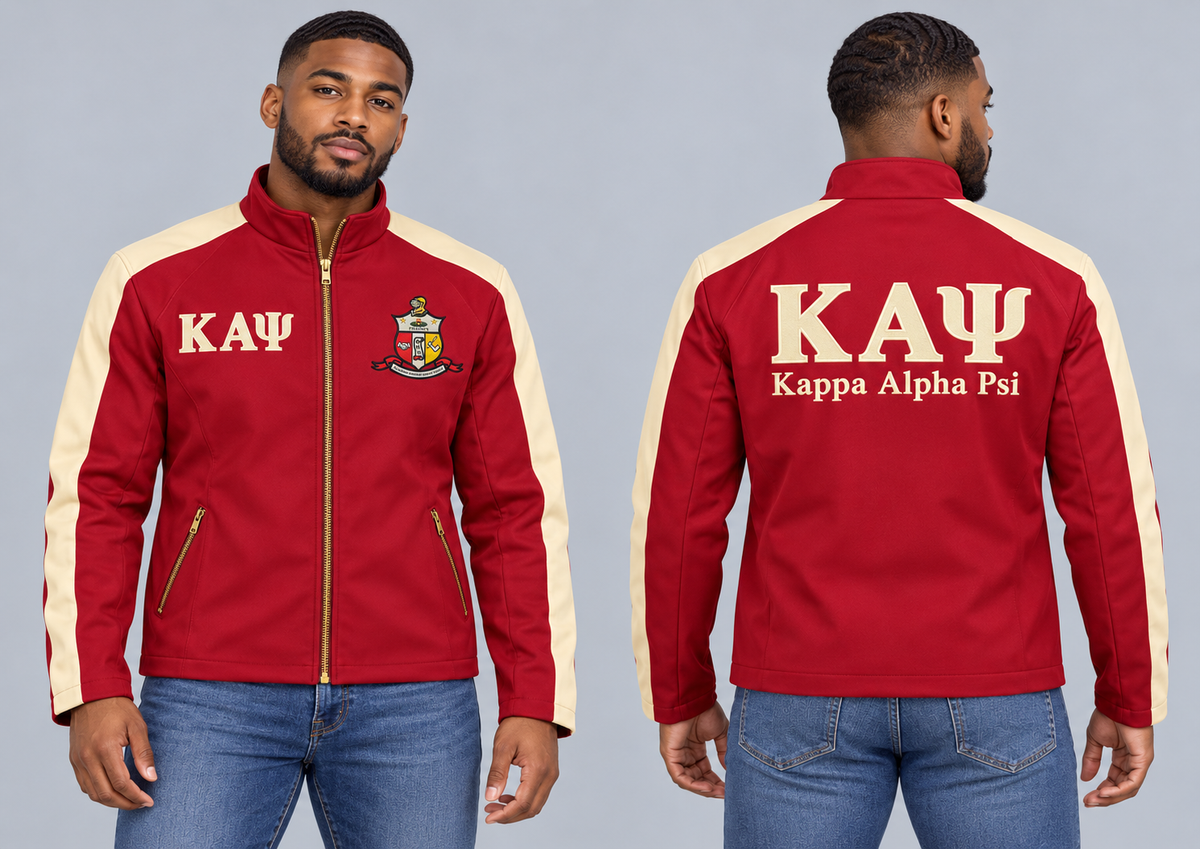 Black man modeling Kappa Alpha Psi crimson and cream custom embroidered contrast racing jacket, front and back views.