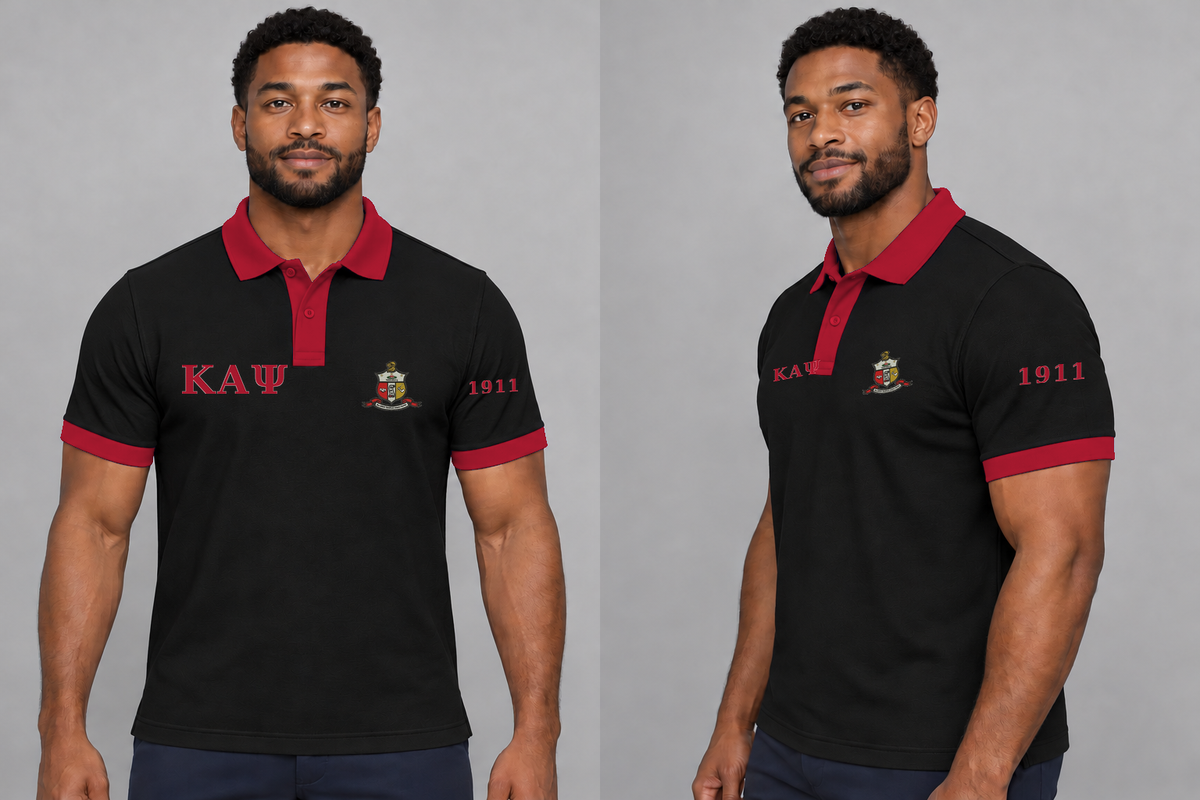 Kappa Alpha Psi premium embroidered black solid contrast trim polo on model - front and side