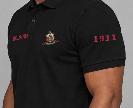 Kappa Alpha Psi premium embroidered black solid polo on model - founding year sleeve detail