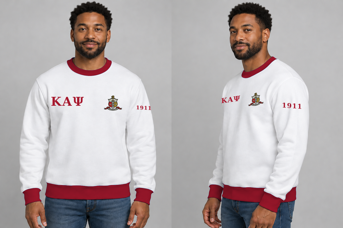 Kappa Alpha Psi premium embroidered white solid contrast trim crewneck sweatshirt on model - front and side
