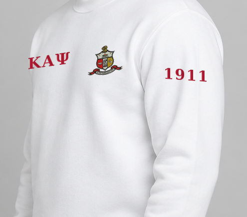 Kappa Alpha Psi premium embroidered white solid crewneck sweatshirt on model - founding year sleeve detail