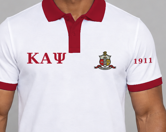 Kappa Alpha Psi premium embroidered white solid contrast trim polo on model - chest embroidery close-up