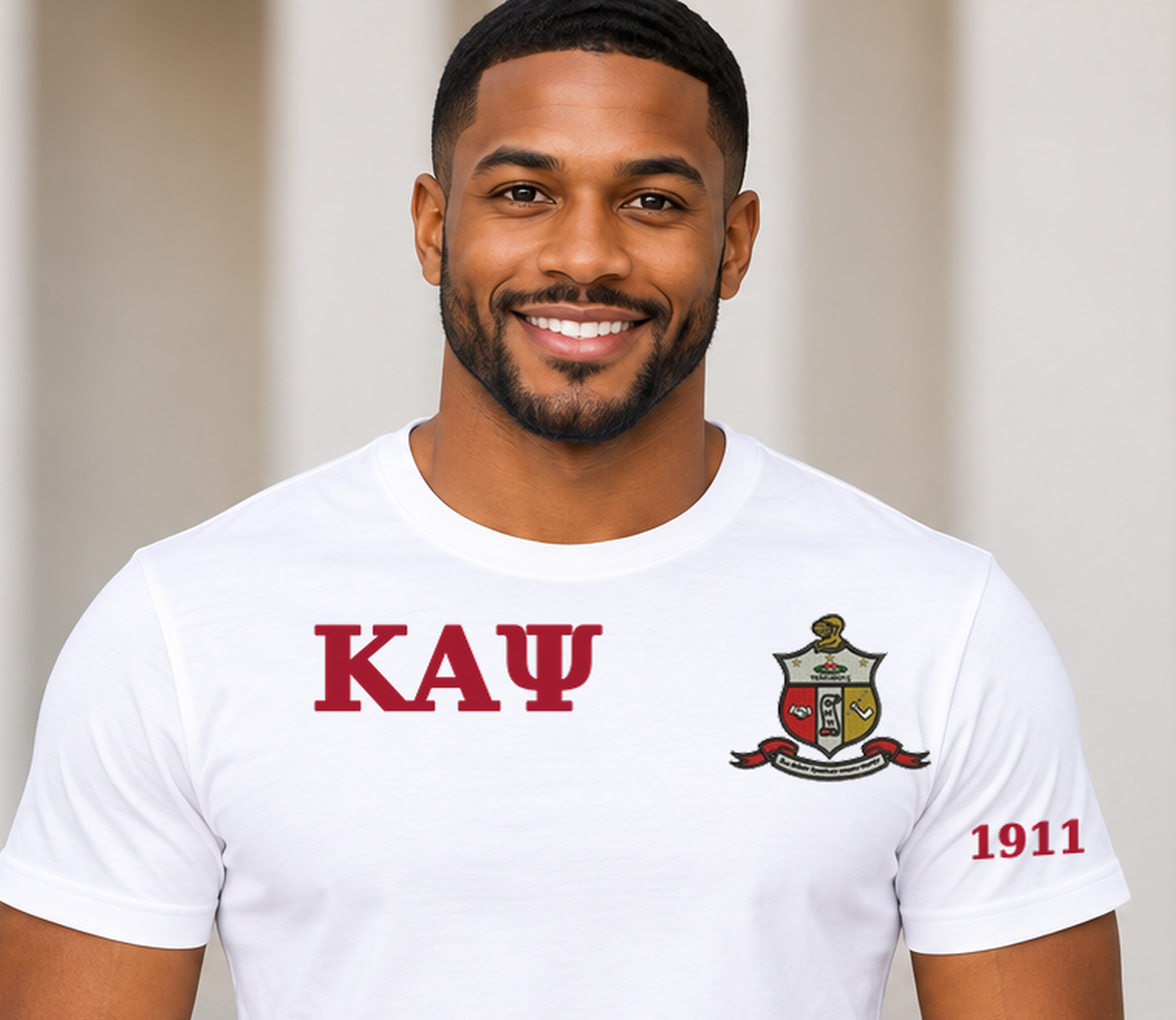 Kappa Alpha Psi White classic printed T-shirt — model close-up