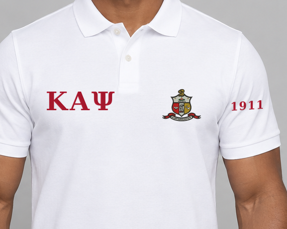 Kappa Alpha Psi premium embroidered white solid polo on model - chest embroidery close-up