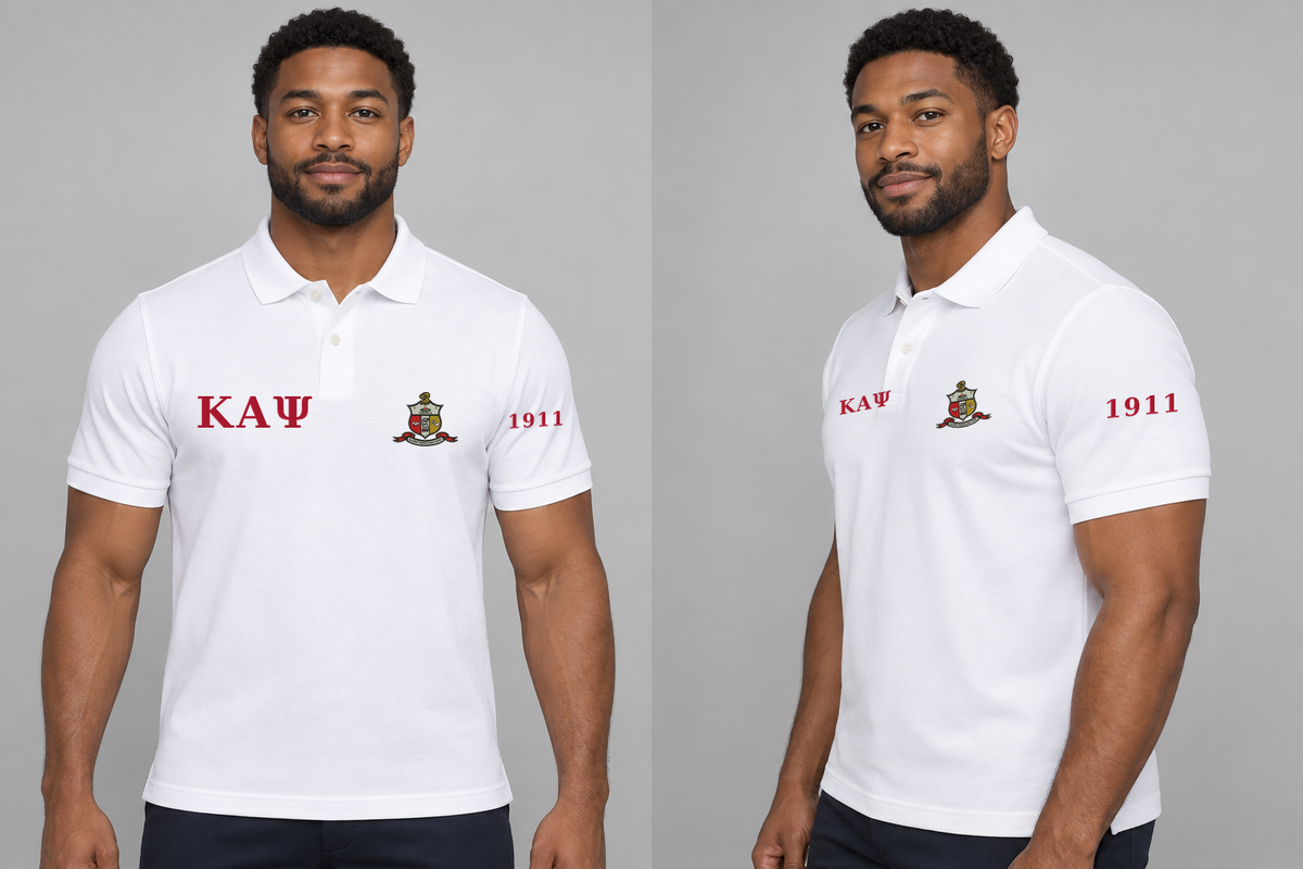 Kappa Alpha Psi premium embroidered white solid polo on model - front and side
