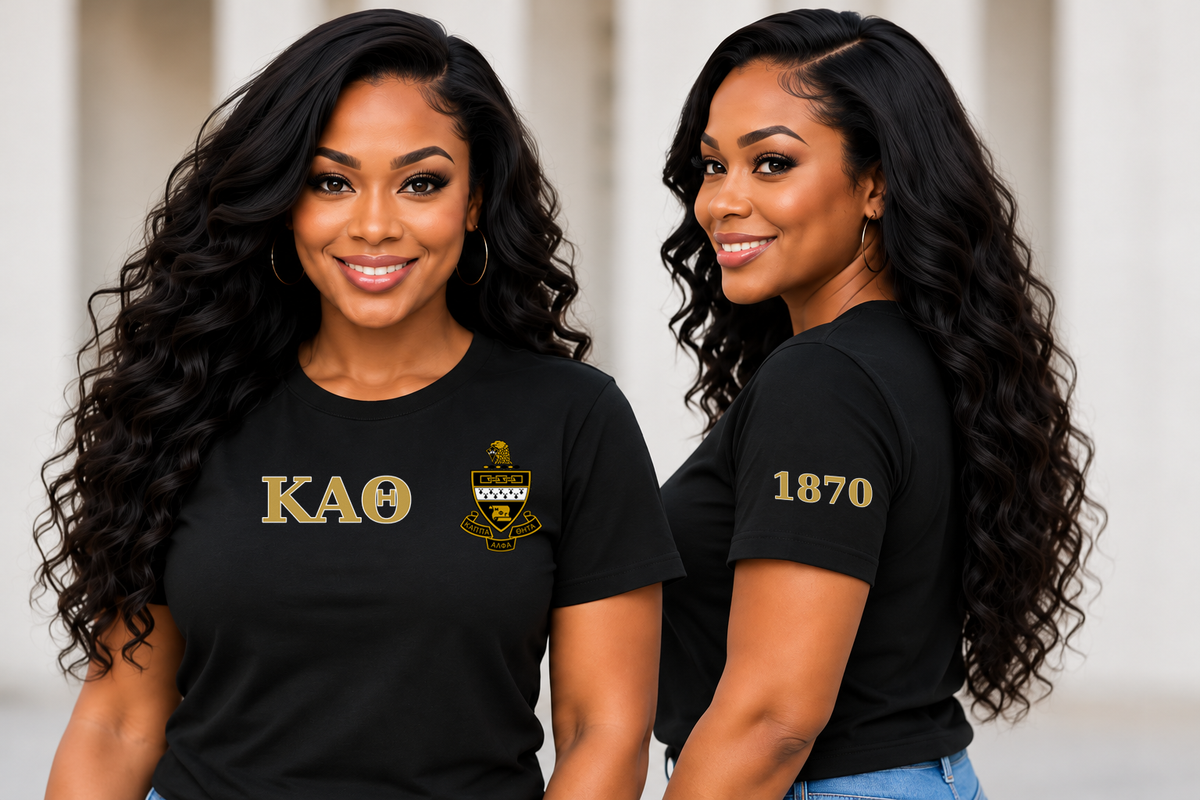 Kappa Alpha Theta Black classic printed T-shirt — model front and side