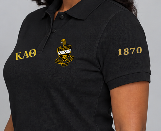 Kappa Alpha Theta premium embroidered black solid polo on model - founding year sleeve detail