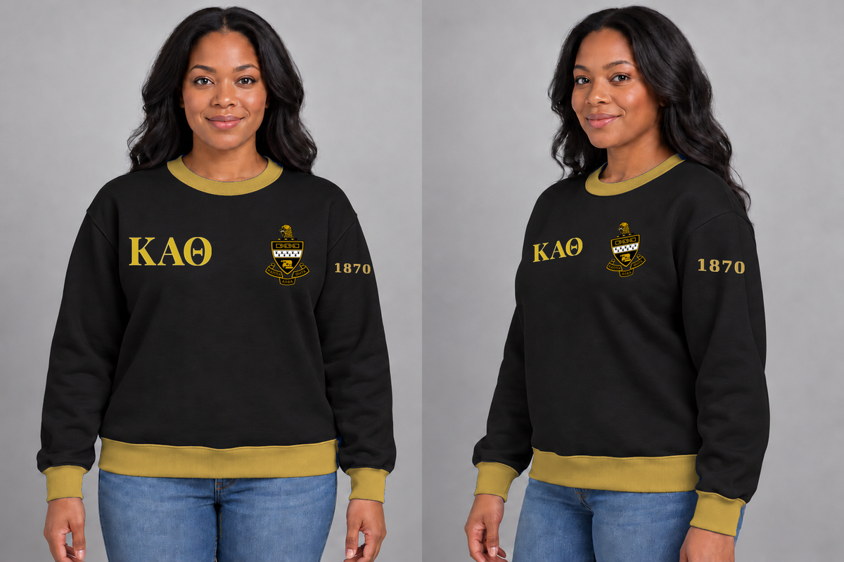 Kappa Alpha Theta premium embroidered black solid contrast trim crewneck sweatshirt on model - front and side