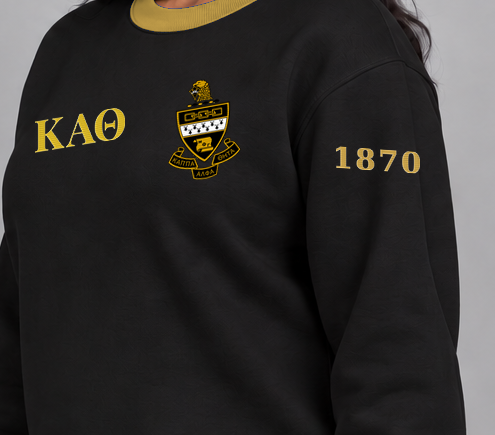 Kappa Alpha Theta premium embroidered black solid contrast trim crewneck sweatshirt on model - founding year sleeve detail