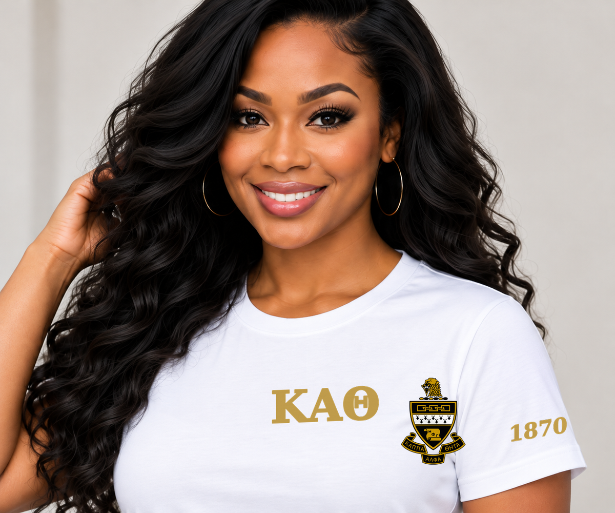 Kappa Alpha Theta White classic printed T-shirt — model close-up