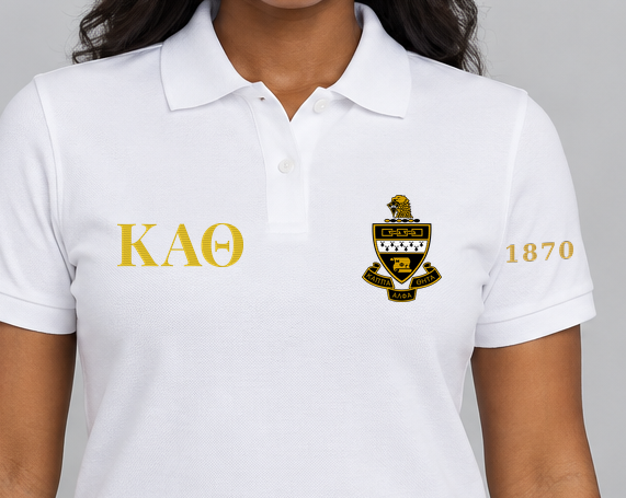 Kappa Alpha Theta premium embroidered white solid polo on model - chest embroidery close-up