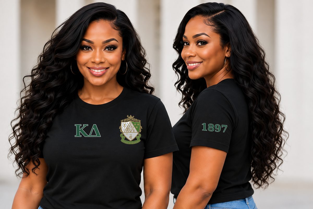 Kappa Delta Black classic printed T-shirt — model front and side