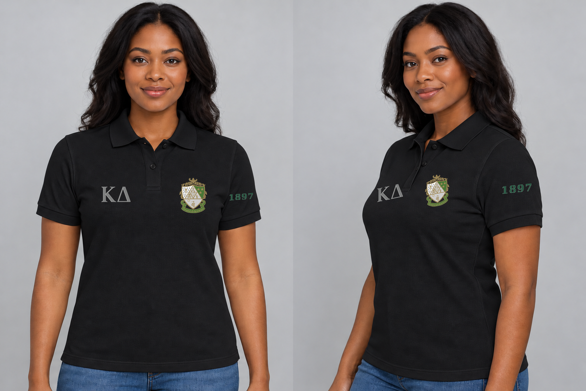 Kappa Delta premium embroidered black solid polo on model - front and side