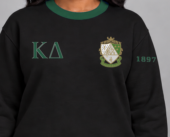 Kappa Delta premium embroidered black solid contrast trim crewneck sweatshirt on model - chest embroidery close-up