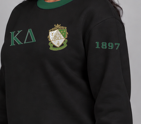 Kappa Delta premium embroidered black solid contrast trim crewneck sweatshirt on model - founding year sleeve detail