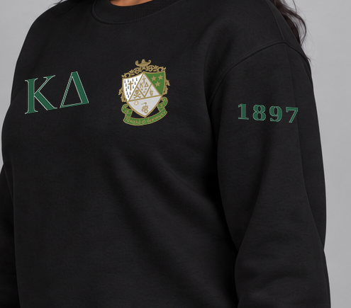 Kappa Delta premium embroidered black solid crewneck sweatshirt on model - founding year sleeve detail