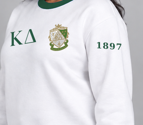 Kappa Delta premium embroidered white solid contrast trim crewneck sweatshirt on model - founding year sleeve detail