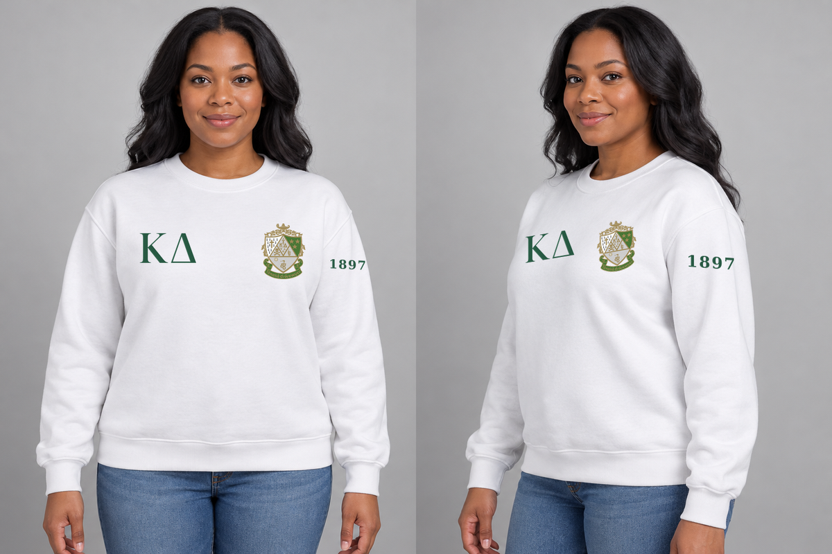 Kappa Delta premium embroidered white solid crewneck sweatshirt on model - front and side