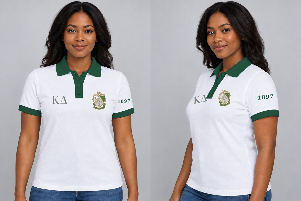 Kappa Delta premium embroidered white solid contrast trim polo on model - front and side