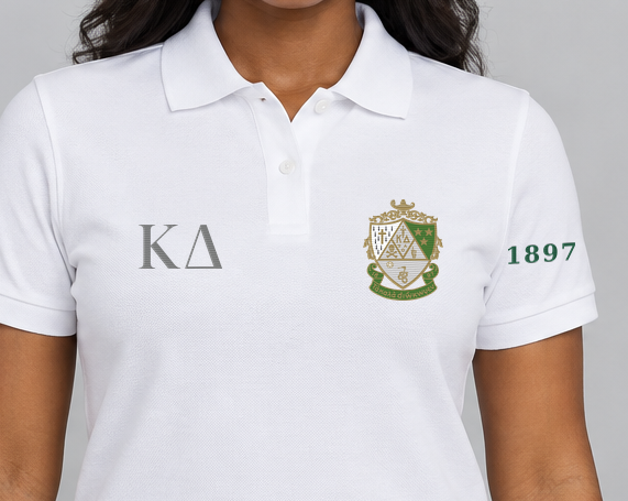 Kappa Delta premium embroidered white solid polo on model - chest embroidery close-up