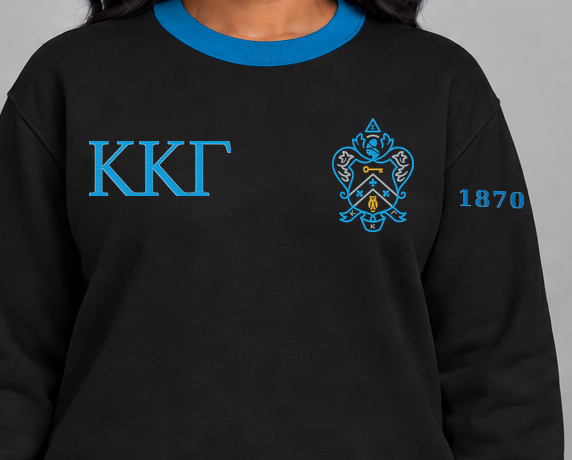Kappa Kappa Gamma premium embroidered black solid contrast trim crewneck sweatshirt on model - chest embroidery close-up