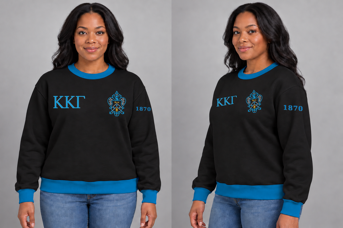 Kappa Kappa Gamma premium embroidered black solid contrast trim crewneck sweatshirt on model - front and side