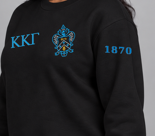 Kappa Kappa Gamma premium embroidered black solid crewneck sweatshirt on model - founding year sleeve detail