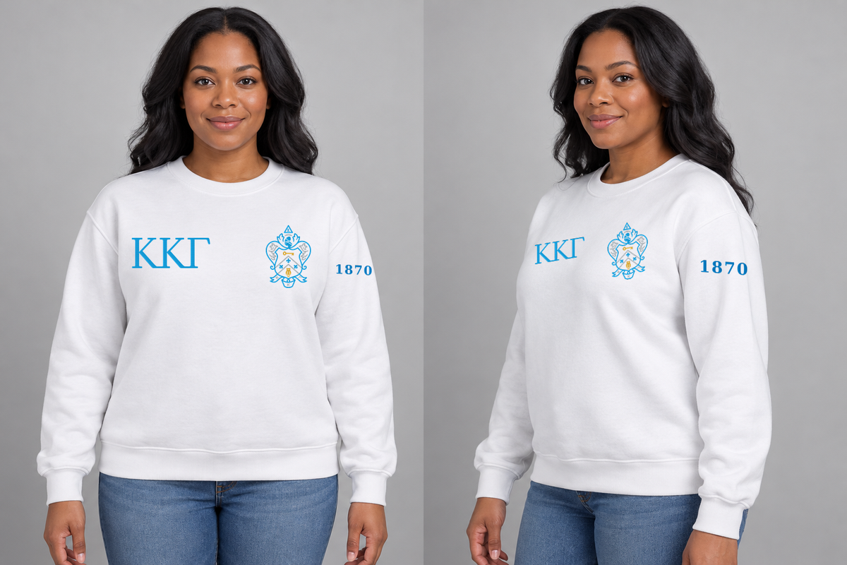 Kappa Kappa Gamma premium embroidered white solid crewneck sweatshirt on model - front and side