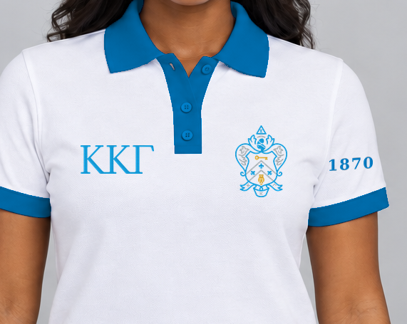 Kappa Kappa Gamma premium embroidered white solid contrast trim polo on model - chest embroidery close-up
