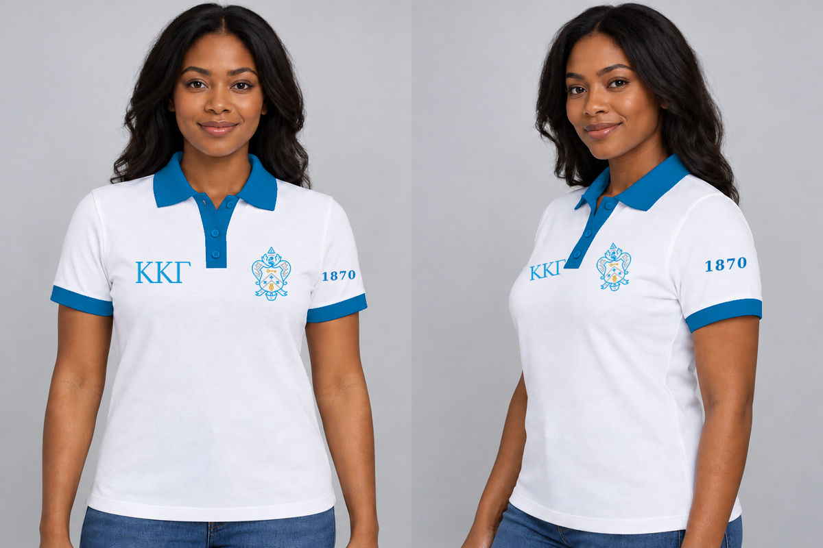 Kappa Kappa Gamma premium embroidered white solid contrast trim polo on model - front and side