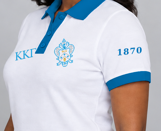 Kappa Kappa Gamma premium embroidered white solid contrast trim polo on model - founding year sleeve detail