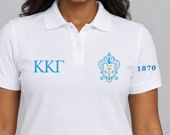 Kappa Kappa Gamma premium embroidered white solid polo on model - chest embroidery close-up