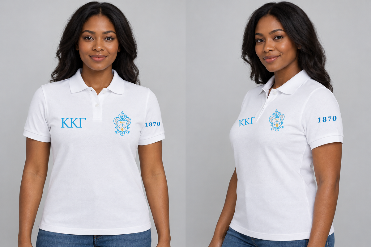 Kappa Kappa Gamma premium embroidered white solid polo on model - front and side