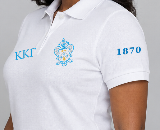 Kappa Kappa Gamma premium embroidered white solid polo on model - founding year sleeve detail
