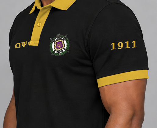 Omega Psi Phi premium embroidered black solid contrast trim polo on model - founding year sleeve detail