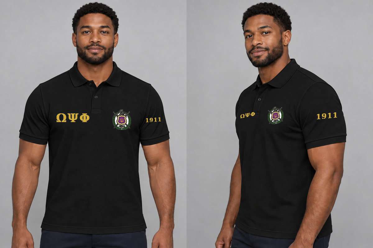 Omega Psi Phi premium embroidered black solid polo on model - front and side