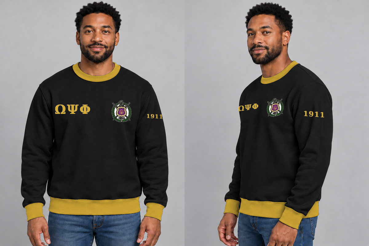 Omega Psi Phi premium embroidered black solid contrast trim crewneck sweatshirt on model - front and side