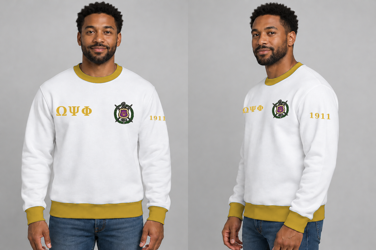 Omega Psi Phi premium embroidered white solid contrast trim crewneck sweatshirt on model - front and side