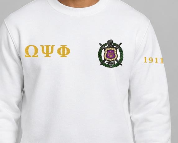 Omega Psi Phi premium embroidered white solid crewneck sweatshirt on model - chest embroidery close-up