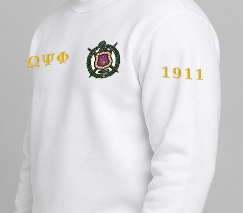 Omega Psi Phi premium embroidered white solid crewneck sweatshirt on model - founding year sleeve detail