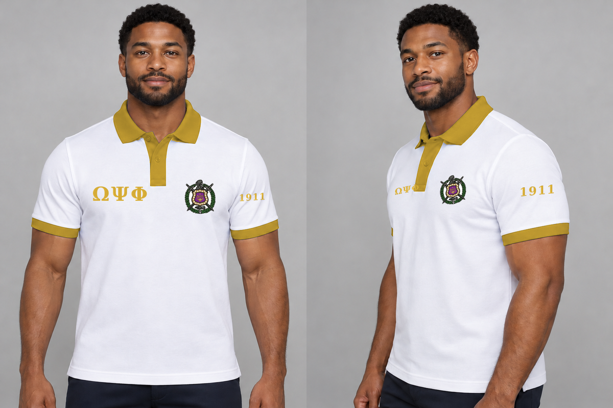 Omega Psi Phi premium embroidered white solid contrast trim polo on model - front and side