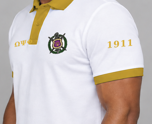 Omega Psi Phi premium embroidered white solid contrast trim polo on model - founding year sleeve detail